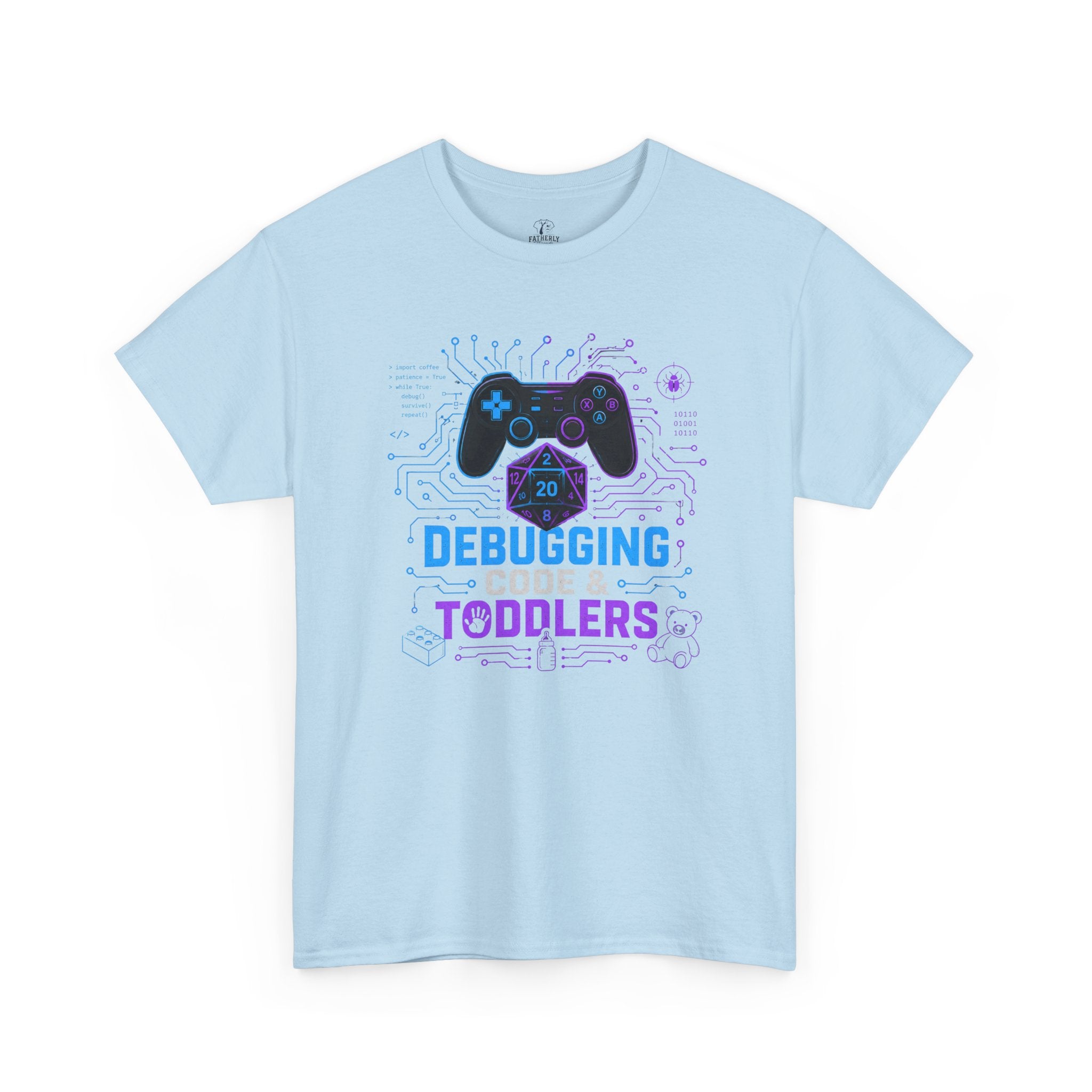 Gaming Programmer Dad Tee "Debugging Code & Toddlers" Graphic TShirt